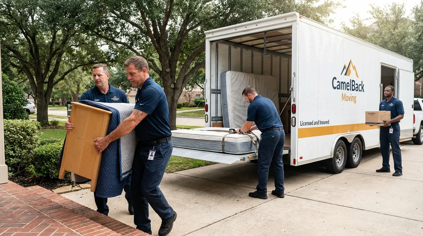 Crew loading residential truck for cross-state move from San Ramon, CA