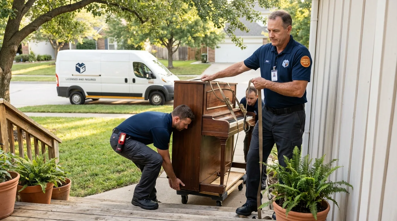 Licensed piano movers securing grand piano in San Ramon, CA