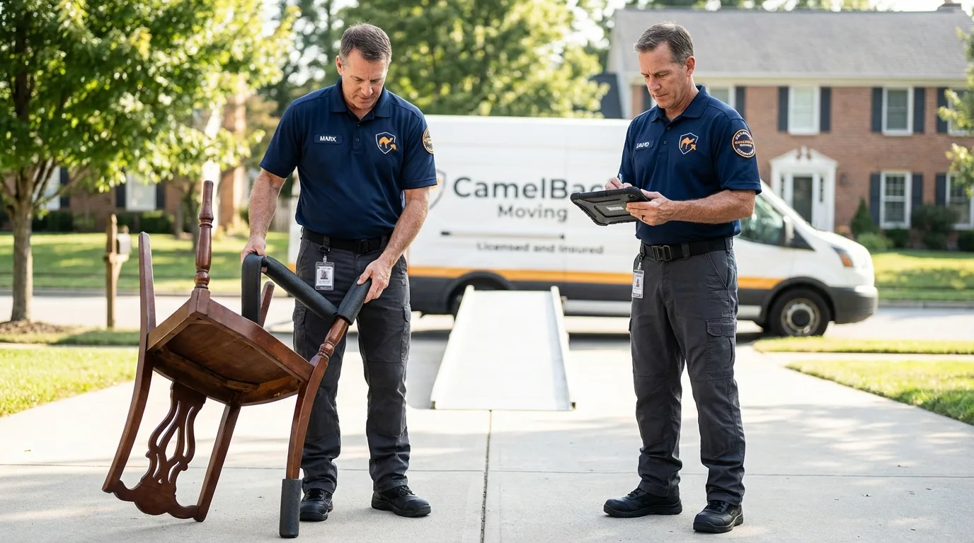 Movers inspecting furniture for damage prevention before loading in San Ramon, CA