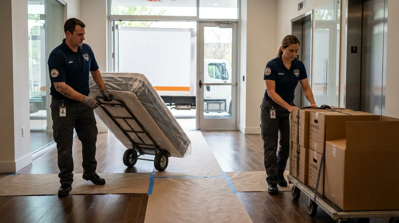 Professional apartment movers loading elevator in San Ramon, CA
