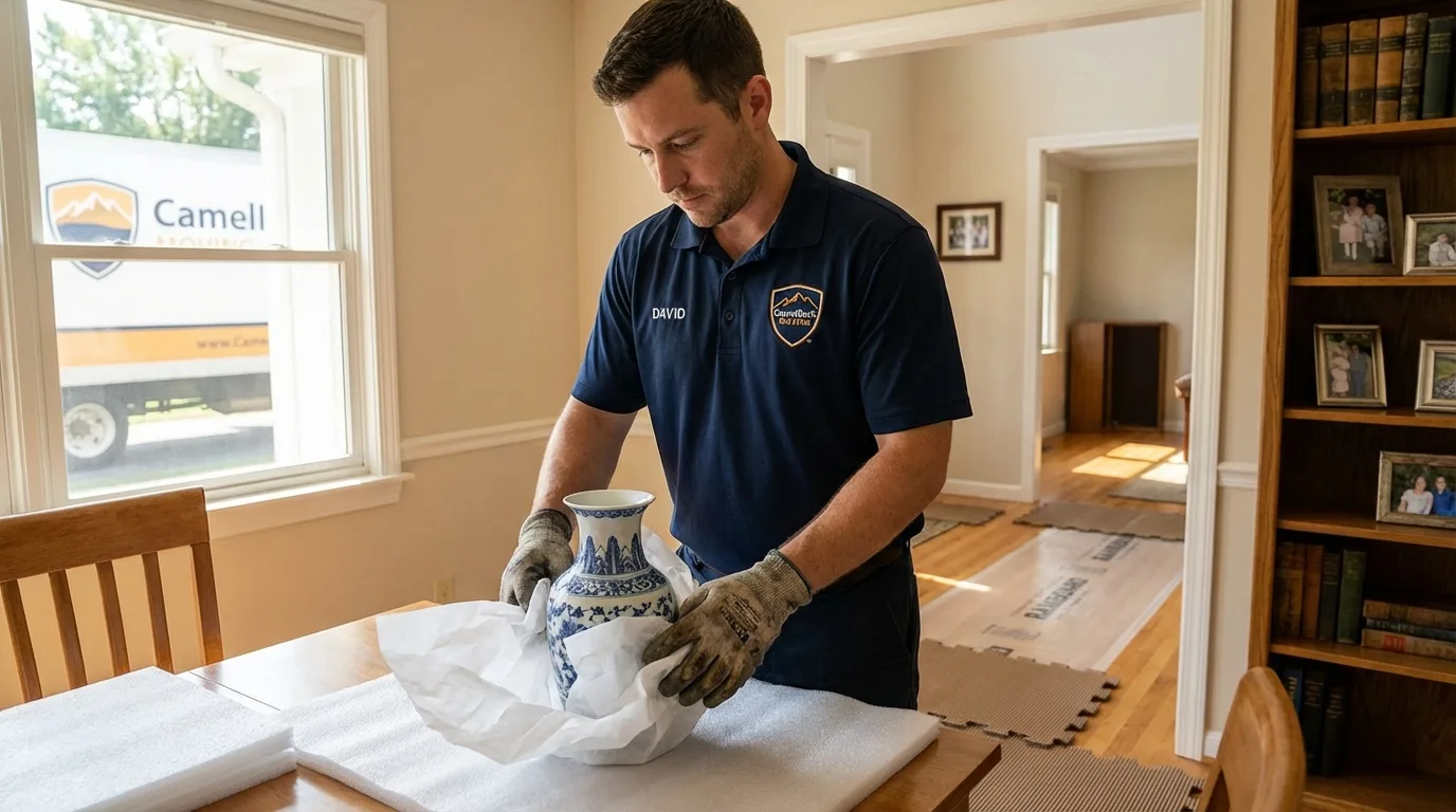 Professional crew carefully wrapping antique vase for senior downsizing move in San Ramon, CA